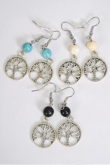 Earrings Tree of life Semiprecious Stone / 12 pair = Dozen Fish Hook , Size - 1.75" x 0.75" Wide , 4 Black , 4 Ivory , 4 Turquoise Asst , Earring Card & OPP Bag & UPC Code 