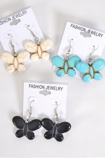 Earrings Butterfly Hand Carved Double Sided Real Semiprecious Stone / 12 pair = Dozen    Fish Hook , Size - 1.25" x 1" Wide , 4 Black , 4 Ivory , 4 Turquoise Color Asst , Earring Card & OPP Bag & UPC Code