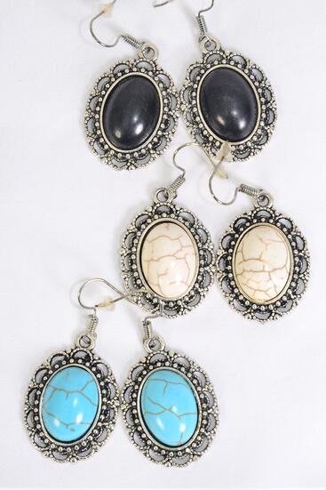Earrings Metal Antique Oval Dangle Semiprecious Stone / 12 pair = Dozen Fish Hook , Size - 1.25" x 1" Wide , 4 Black , 4 Ivory , 4 Turquoise Color Asst , Earring Card & OPP Bag & UPC Code -
