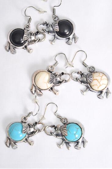 Earrings Metal Antique Elephant Semiprecious Stone / 12 pair = Dozen Fish Hook , Size - 1.25" x 1" Wide , 4 Black , 4 Ivory , 4 Turquoise Color Asst , Earring Card & OPP Bag & UPC Code