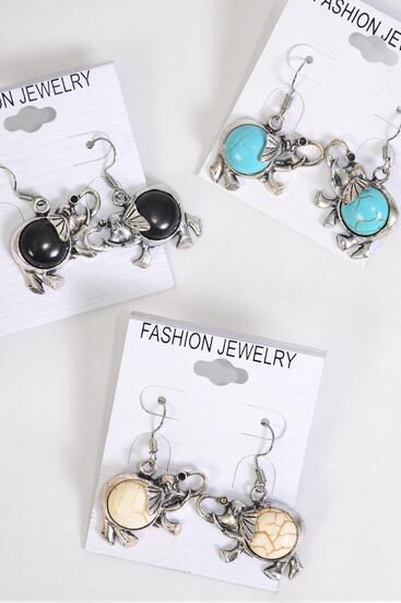 Earrings Metal Antique Elephant Semiprecious Stone / 12 pair = Dozen Fish Hook , Size - 1.25" x 1" Wide , 4 Black , 4 Ivory , 4 Turquoise Color Asst , Earring Card & OPP Bag & UPC Code