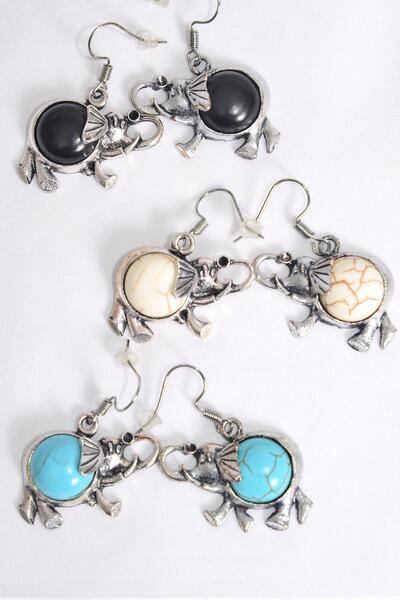 Earrings Metal Antique Elephant Semiprecious Stone / 12 pair = Dozen Fish Hook , Size - 1.25" x 1" Wide , 4 Black , 4 Ivory , 4 Turquoise Color Asst , Earring Card & OPP Bag & UPC Code