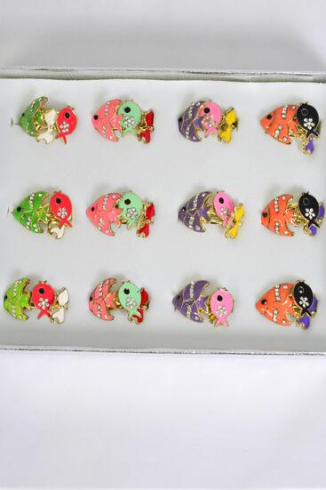 Rings 36 pcs Enamel Tropical Fish w Clear Diamond Ring / 36 pcs Rings = Disply Adjustable , 2 Of Each Color Asst , Velvet Ring Display Window Box & OPP bag & UPC Code 