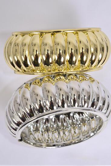 Bracelet Bangle Hinge Acrylic Ridged Gold Silver Mix / 12 pcs = Dozen Size - 2.75" x 1.25" Dia Wide , 6 Gold , 6 Silver Color Mix , Hang Tag & OPP Bag & UPC Code 