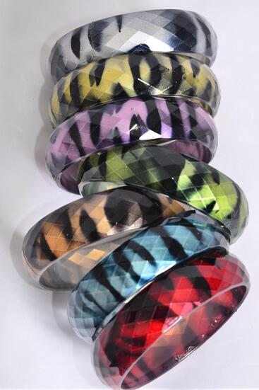 Bracelet Bangle Acrylic Diamond Cut Animal Print Multi / 12 pcs = Dozen  Size - 2.75" x 1" Wide , 2 Gray , 2 Burgundy , 2 Blue , 2 Purple , 2 Gold ,1 Sunset Orange , 1 Green Color Asst , Hang Tag & OPP Bag & UPC Code