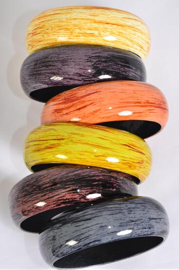 Bracelet Bangle Acrylic Brush Stroke Fall Gloss Wood Finish / 12 pcs = Dozen Netural , Size - 2.75" x 1" Dia Wide , 2 of each Pattern Asst , Hang Tag & Opp bag & UPC Code 