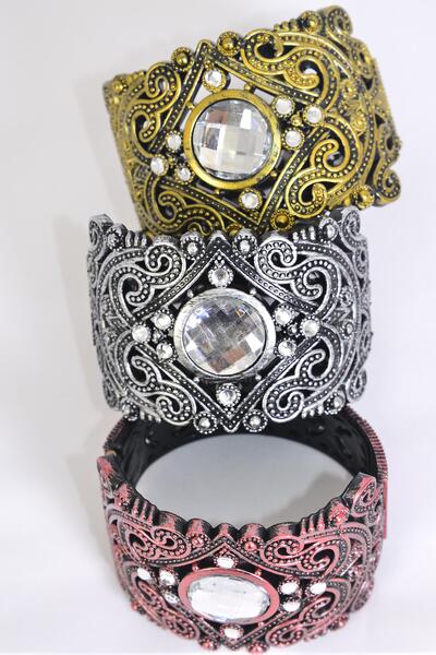 Bracelet Bangle Acrylic Hinge Antique Clear Stones / 12 Pcs = Dozen Sze - 2.75" x 2" Dia Wide , 4 of each Pattern Asst , Hang Tag & Opp Bag & UPC Code 