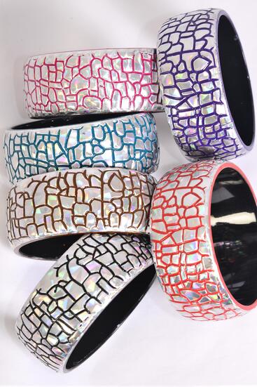 Bracelet Bangle Acrylic Holographic Silver / 12 pcs = Dozen Silver , Size - 2.75" x 1.25" Dia Wide , 2 of each Color Asst , Hang Tag & Opp Bag & UPC Code