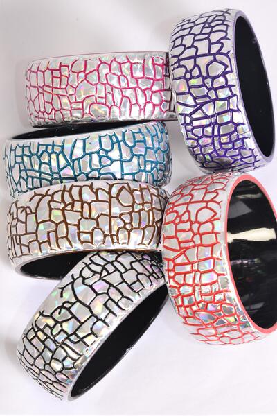 Bracelet Bangle Acrylic Holographic Silver / 12 pcs = Dozen Silver , Size - 2.75" x 1.25" Dia Wide , 2 of each Color Asst , Hang Tag & Opp Bag & UPC Code