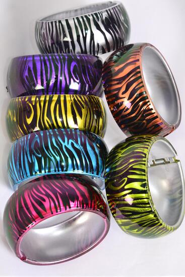 Bracelet Bangle Acrylic Hinge Cat-eye Zebra Print Multi /  12 pcs = Dozen Multi , Hinge , Size -2 .75" x 1.25" Dia Wide , 2 Silver , 2 Blue , 2 Purple , 2 Red , 2 Yellow ,1 Lime ,1 Orange Mix , Hang Tag & OPP Bag & UPC Code
