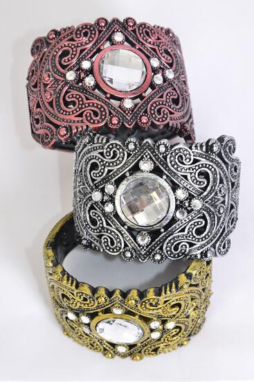 Bracelet Bangle Acrylic Hinge Antique Clear Stones / 12 Pcs = Dozen Sze - 2.75" x 2" Dia Wide , 4 of each Pattern Asst , Hang Tag & Opp Bag & UPC Code 