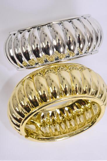 Bracelet Bangle Hinge Acrylic Ridged Gold Silver Mix / 12 pcs = Dozen Size - 2.75" x 1.25" Dia Wide , 6 Gold , 6 Silver Color Mix , Hang Tag & OPP Bag & UPC Code 