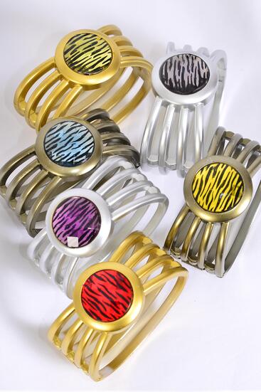 Bracelet Bangle Acrylic Hinge Round Zebra / 12 pcs = Dozen Zebra , Hinge , Size - 2.75" x 1.25" , 2 of each Color Asst , Hang Tag & OPP Bag & UPC Code