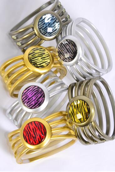 Bracelet Bangle Acrylic Hinge Round Zebra / 12 pcs = Dozen Zebra , Hinge , Size - 2.75" x 1.25" , 2 of each Color Asst , Hang Tag & OPP Bag & UPC Code