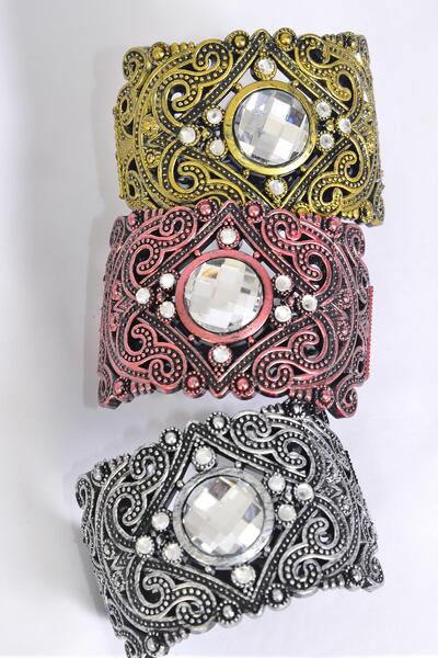 Bracelet Bangle Acrylic Hinge Antique Clear Stones / 12 Pcs = Dozen Sze - 2.75" x 2" Dia Wide , 4 of each Pattern Asst , Hang Tag & Opp Bag & UPC Code 