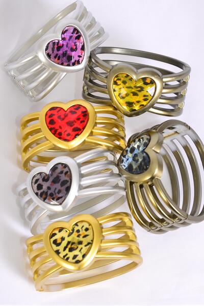Bracelet Bangle Hinge Heart Leopard Print Mix / 12 pcs = Dozen Leopard , Size - 2.75" x 1.25" Wide , 2 of each Pattern Asst , Hang Tag & OPP Bag & UPC Code