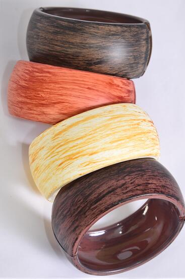Bracelet Bangle Acrylic Hinge Fall Brush Stroke Wood Finish Neutral Color Asst / 12 pcs = Dozen  Netural , Hinge , Size - 2.75" x 1.25" Dia Wide , 3 of each Color Asst , Hang Tag & OPP Bag & UPC Code 