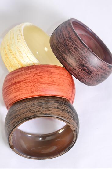 Bracelet Bangle Acrylic Hinge Fall Brush Stroke Wood Finish Neutral Color Asst / 12 pcs = Dozen  Netural , Hinge , Size - 2.75" x 1.25" Dia Wide , 3 of each Color Asst , Hang Tag & OPP Bag & UPC Code 