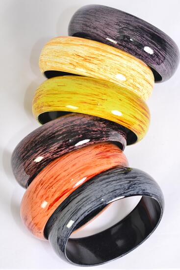 Bracelet Bangle Acrylic Brush Stroke Fall Gloss Wood Finish / 12 pcs = Dozen Netural , Size - 2.75" x 1" Dia Wide , 2 of each Pattern Asst , Hang Tag & Opp bag & UPC Code 