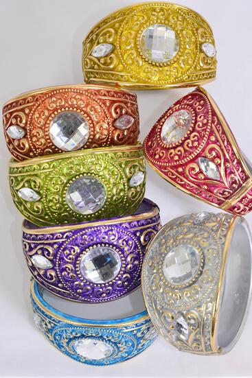 Bracelet Bangle Acrylic Hinge Clear Stones Gold Trim / 12 pcs = Dozen Multi , Size - 2.75" x 1.75" Wide , 2 Silver , 2 Fuchsia , 2 Blue , 2 Purple , 2 Yellow , 1 Lime , 1 Orange Color Mix , Hang Tag & OPP bag & UPC Code
