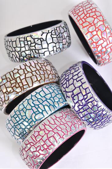 Bracelet Bangle Acrylic Holographic Silver / 12 pcs = Dozen Silver , Size - 2.75" x 1.25" Dia Wide , 2 of each Color Asst , Hang Tag & Opp Bag & UPC Code