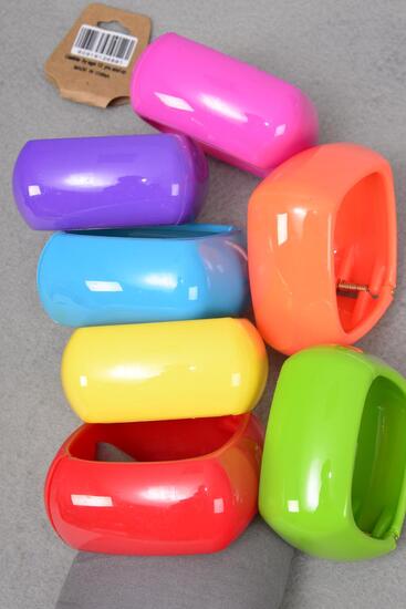 Bracelet Bangle Acrylic Hinge Square Multi / 12 pcs = Dozen Multi , Size - 2.75" x 1.25" Wide , 2 Red , 2 Fuchsia , 2 Yellow , 2 Blue , 2 Purple , 1 Lime , 1 Orange Color Asst , Hang Tag & OPP Bag & UPC Code