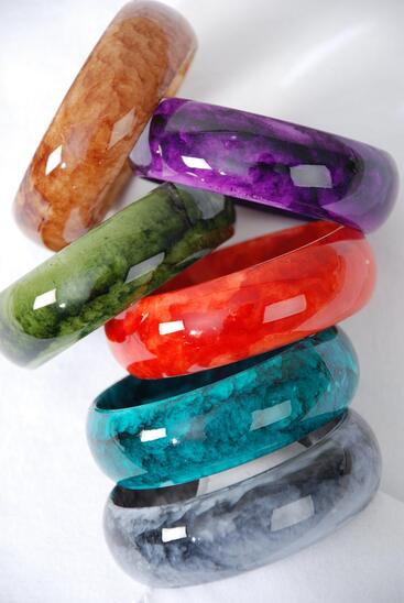 Bracelet Bangle Acrylic Marble Look Multi / 12 pcs = Dozen Multi , Size - 2.75" x 1" Wide , 2 Gray , 2 Teal Blue , 2 Orange , 2 Green , 2 Purple , 2 Brown Color Asst , Hang Tag & OPP Bag & UPC Code