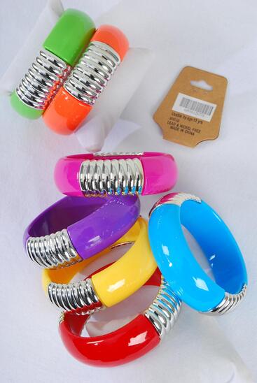 Bracelet Bangle Acrylic w Silver Trim Solid Multi / 12 pcs = Dozen Multi , Size - 2.75" x 1" Wide , 2 Red , 2 Yellow , 2 Fuchsia , 2 Blue , 2 Purple , 1 Lime , 1 Orange Color Asst , Hang Tag & Opp bag & UPC Code 
