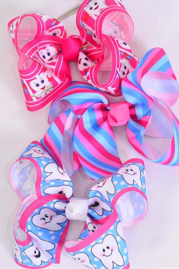 Hair Bow Jumbo Happy Tooth Strip Pattern Mix Grosgrain Bow-tie / 12 pcs Bow = Dozen Alligator Clip , Size - 6" x 5" Wide , 4 Of Each Pattern Asst , Clip Strip & UPC Code