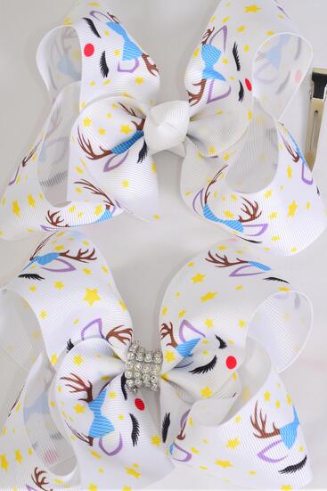 Hair Bow Jumbo Reindeer Grosgrain Bow-tie / 12 pcs Bow = Dozen  Reindeer , Alligator Clip , Size - 6" x 5" Wide , Clip Strip & UPC Code