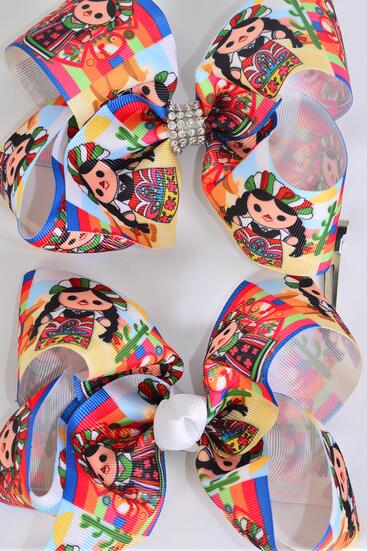 Hair Bow Jumbo Serape Pattern Latina Grosgrain Bow-tie / 12 pcs Bow = Dozen Alligator Clip , Size - 6" x 5" Wide , Clip Strip & UPC Code