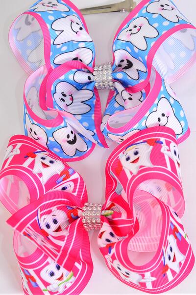 Hair Bow Jumbo Happy Tooth Grosgrain Bow-tie /  12 pcs Bow = Dozen  Alligator Clip , Size - 6" x 5" Wide , 6 Of Each Pattern Asst , Clip Strip & UPC Code