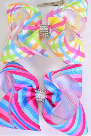 Hair Bow Jumbo Plaid  Strip Pattern Mix Grosgrain Bow-tie / 12 pcs Bow = Dozen Alligator Clip , Size - 6" x 5" Wide , 6 Of Each Pattern Asst , Clip Strip & UPC Code