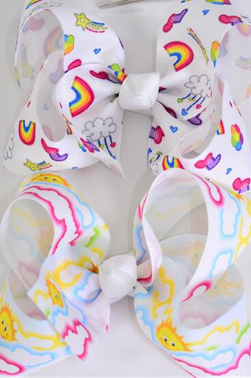  Hair Bow Jumbo Rainbow Happy Cloud Sun Pattern Mix Grosgrain Bow-tie / 12 pcs Bow = Dozen  Alligator Clip , Size - 6" x 5" Wide , 6 of each Pattern Asst , Clip Strip & UPC Code