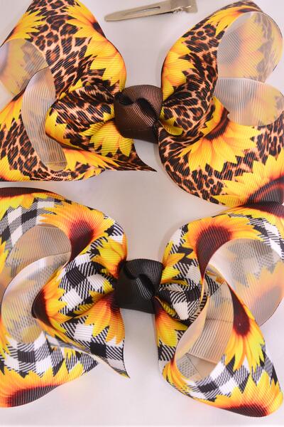 Hair Bow Jumbo Sunflower Plaid Leopard Mix Grosgrain Bow-tie / 12 pcs Bow = Dozen Sunflowed , Alligator Clip , Size - 6" x 5" Wide , 6 Of each Pattern Asst , Clip Strip and UPC Code