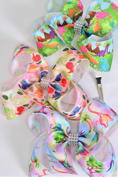 Hair Bow Jumbo Cute Baby Dinosaur Grosgrain Bow-tie Dino / 12 pcs Bow = Dozen Dino , Alligator Clip , Bow - 6" x 5" Wide , 4 of each Pattern Asst , Clip Strip & UPC Code
