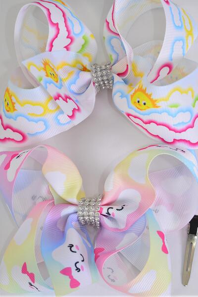 Hair Bow Jumbo Cute Happy Cloud Sun Mix Grosgrain Bow-tie / 12 pcs Bow = Dozen Alligator Clip , Size - 6" x 5" Wide , 6 of each Pattern Asst , Clip Strip & UPC Code