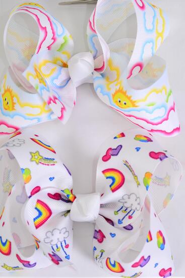  Hair Bow Jumbo Rainbow Happy Cloud Sun Pattern Mix Grosgrain Bow-tie / 12 pcs Bow = Dozen  Alligator Clip , Size - 6" x 5" Wide , 6 of each Pattern Asst , Clip Strip & UPC Code