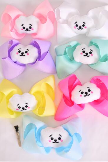 Hair Bow Jumbo center Happy Cloud Charm Grosgrain Bow-tie Pastel / 12 pcs Bow = Dozen  Alligator Clip , Size - 6" x 5" Wide , 2 White, 2 Baby Pink , 2 Lavender, 2 Hot Pink , 2 Mint , 1 Blue , 1 Yellow Color Asst , Clip Strip & UPC Code