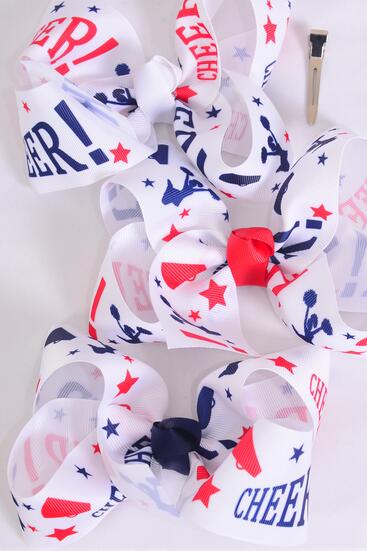 Hair Bow Jumbo Cheerleader Grosgrain Bow-tie / 12 pcs Bow = Dozen Alligator Clip , Size - 6 x 5" Wide , 4 of each Pattern Asst , Clip Strip & UPC Code