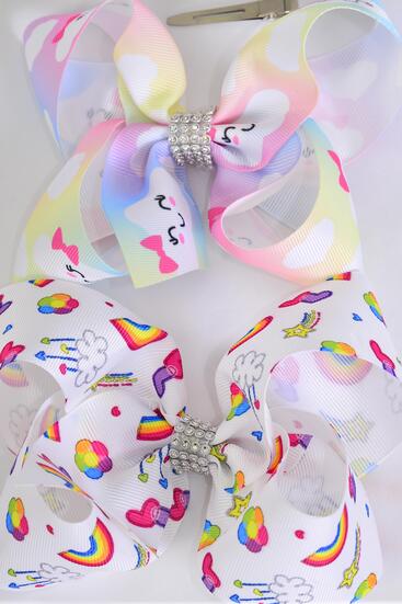 Hair Bow Jumbo Rainbow Happy Cloud Sun Pattern Mix Grosgrain Bow-tie / 12 pcs Bow = Dozen Alligator Clip , Size - 6" x 5" Wide , 6 of each Pattern Asst , Clip Strip & UPC Code