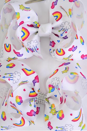 Hair Bow Jumbo Happy Rainbow Cloud Flower Hearts etc Grosgrain Bow-tie / 12 pcs Bow = Dozen Alligator Clip , Size - 6" x 5" Wide, Clip Strip and UPC Code