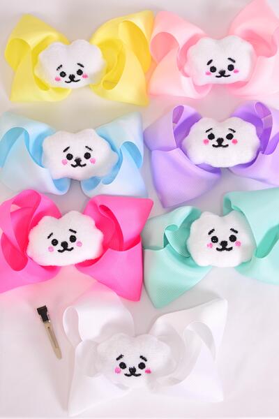 Hair Bow Jumbo center Happy Cloud Charm Grosgrain Bow-tie Pastel / 12 pcs Bow = Dozen  Alligator Clip , Size - 6" x 5" Wide , 2 White, 2 Baby Pink , 2 Lavender, 2 Hot Pink , 2 Mint , 1 Blue , 1 Yellow Color Asst , Clip Strip & UPC Code