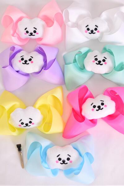 Hair Bow Jumbo center Happy Cloud Charm Grosgrain Bow-tie Pastel / 12 pcs Bow = Dozen  Alligator Clip , Size - 6" x 5" Wide , 2 White, 2 Baby Pink , 2 Lavender, 2 Hot Pink , 2 Mint , 1 Blue , 1 Yellow Color Asst , Clip Strip & UPC Code