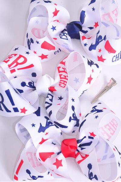 Hair Bow Jumbo Cheerleader Grosgrain Bow-tie / 12 pcs Bow = Dozen Alligator Clip , Size - 6 x 5" Wide , 4 of each Pattern Asst , Clip Strip & UPC Code