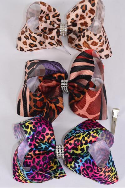 Hair Bow Jumbo Gradient Tiedye leopard Zebra Animal Pattern Mix Grosgrain Bow-tie / 12 pcs Bow = Dozen Alligator Clip , Size - 6" x 5" Wide , 4 of each Pattern , Clip Strip & UPC Code