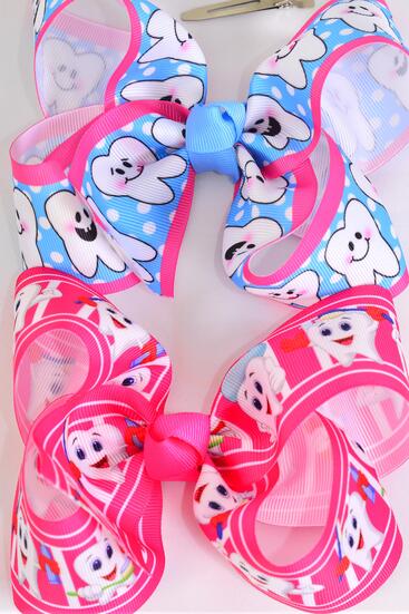 Hair Bow Jumbo Happy Tooth Grosgrain Bow-tie / 12 pcs Bow = Dozen Alligator Clip , Size - 6" x 5" Wide , 6 Of Each Pattern Asst , Clip Strip & UPC Code