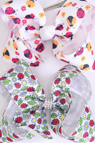 Hair Bow Jumbo Ladybug Grosgrain Bow-tie / 12 pcs Bow = Dozen  Alligator Clip , Size - 6 " x 5" Wide , 6 Of each Pattern Asst , Clip Strip and UPC Code