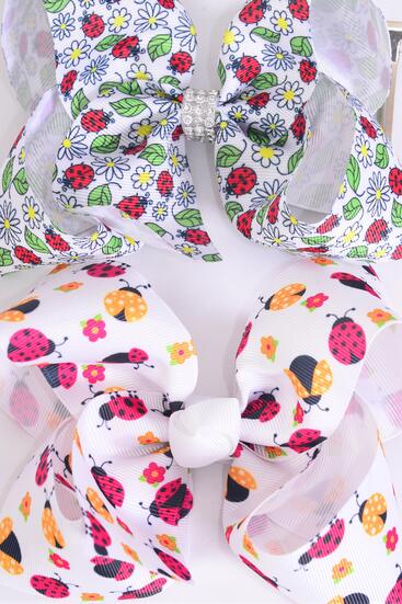 Hair Bow Jumbo Ladybug Grosgrain Bow-tie / 12 pcs Bow = Dozen  Alligator Clip , Size - 6 " x 5" Wide , 6 Of each Pattern Asst , Clip Strip and UPC Code