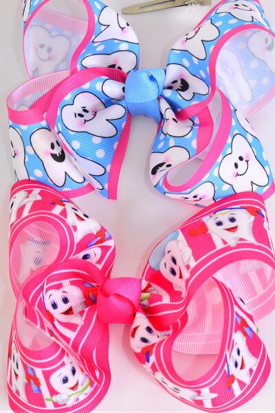 Hair Bow Jumbo Happy Tooth Grosgrain Bow-tie / 12 pcs Bow = Dozen Alligator Clip , Size - 6" x 5" Wide , 6 Of Each Pattern Asst , Clip Strip & UPC Code